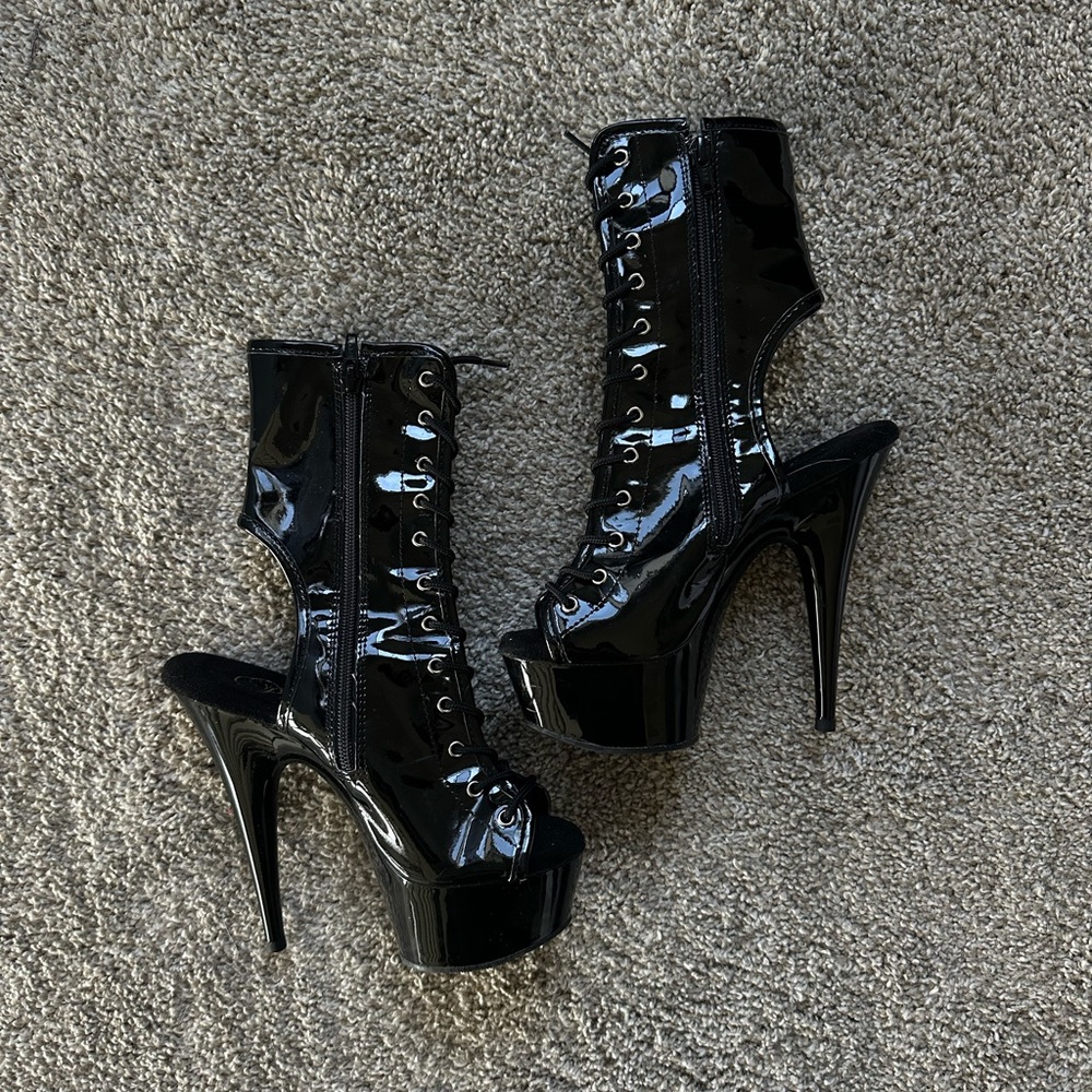 Pleaser 6" Platform Open Toe Lace-Up Ankle Boot, Side Zip